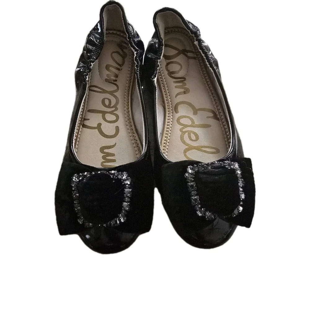 Sam Edelman Farah‎ Girls Black Patent Ballet Flats Jeweled Velvet Buckle US 4M